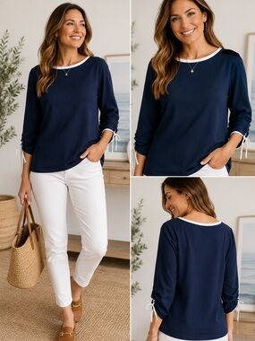Talbots Navy Blue & White Nautical Boat Neck Top Ruched Tie Sleeves Size Medium